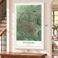 Strasburg, Virginia map, 24 x 36 inch print in a white frame by a staircase