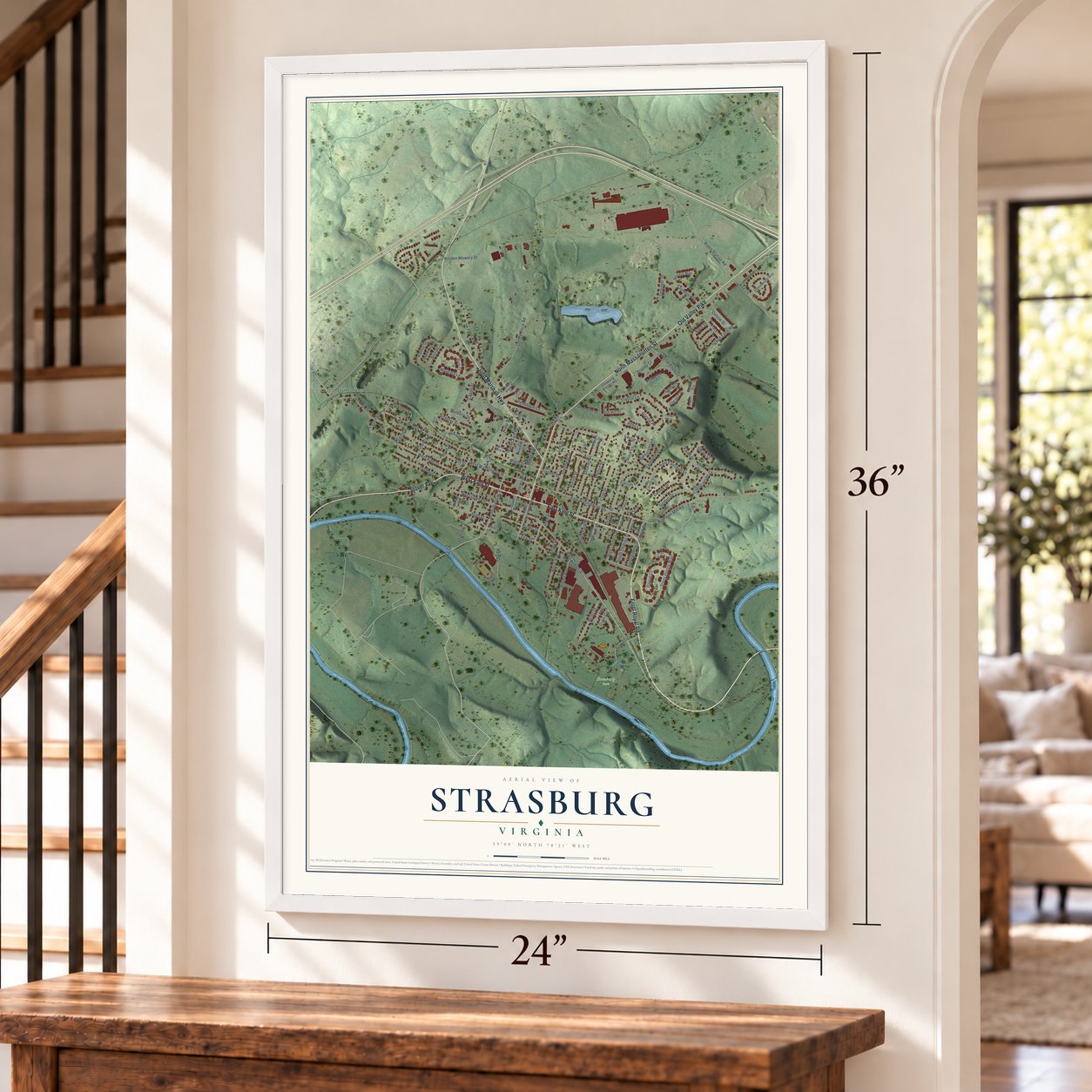 Strasburg, Virginia map, 24 x 36 inch print in a white frame by a staircase