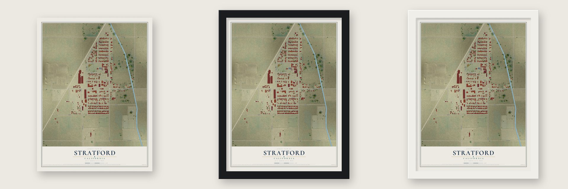 Stratford, California map unframed, in a black wood frame and in a white wood frame
