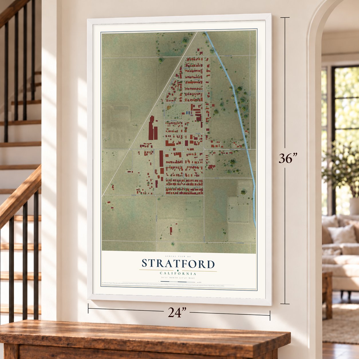 Stratford, California map, 24 x 36 inch print in a white frame by a staircase