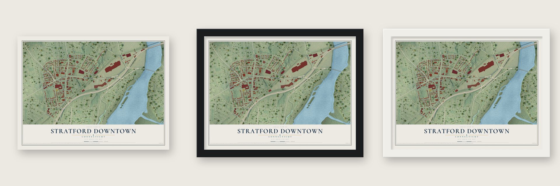 Stratford Downtown, Connecticut map unframed, in a black wood frame and in a white wood frame