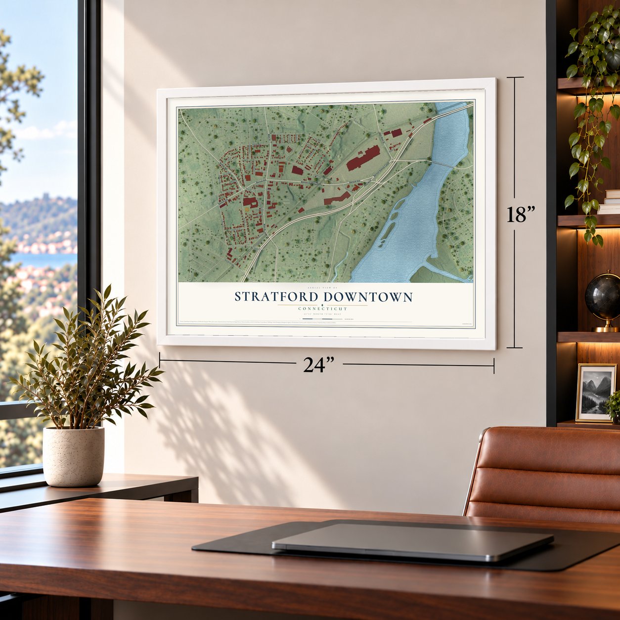 Stratford Downtown, Connecticut map, 18 x 24 inch print in a white frame in a home office