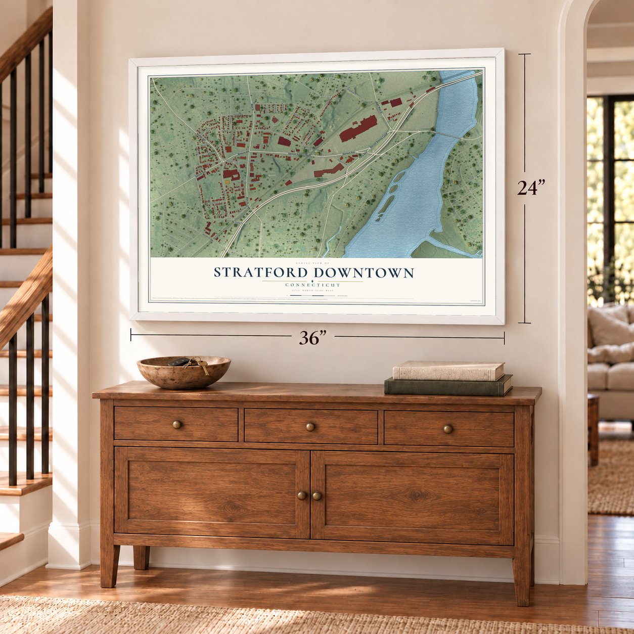 Stratford Downtown, Connecticut map, 24 x 36 inch print in a white frame above a dresser by a staircase