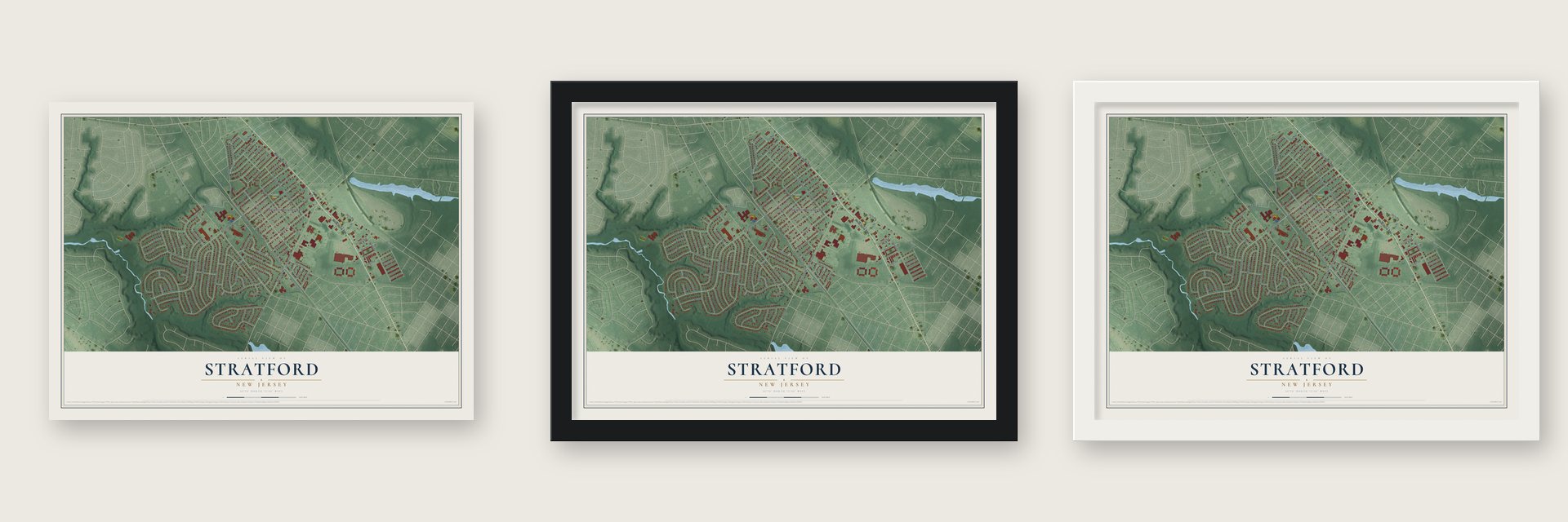 Stratford, New Jersey map unframed, in a black wood frame and in a white wood frame