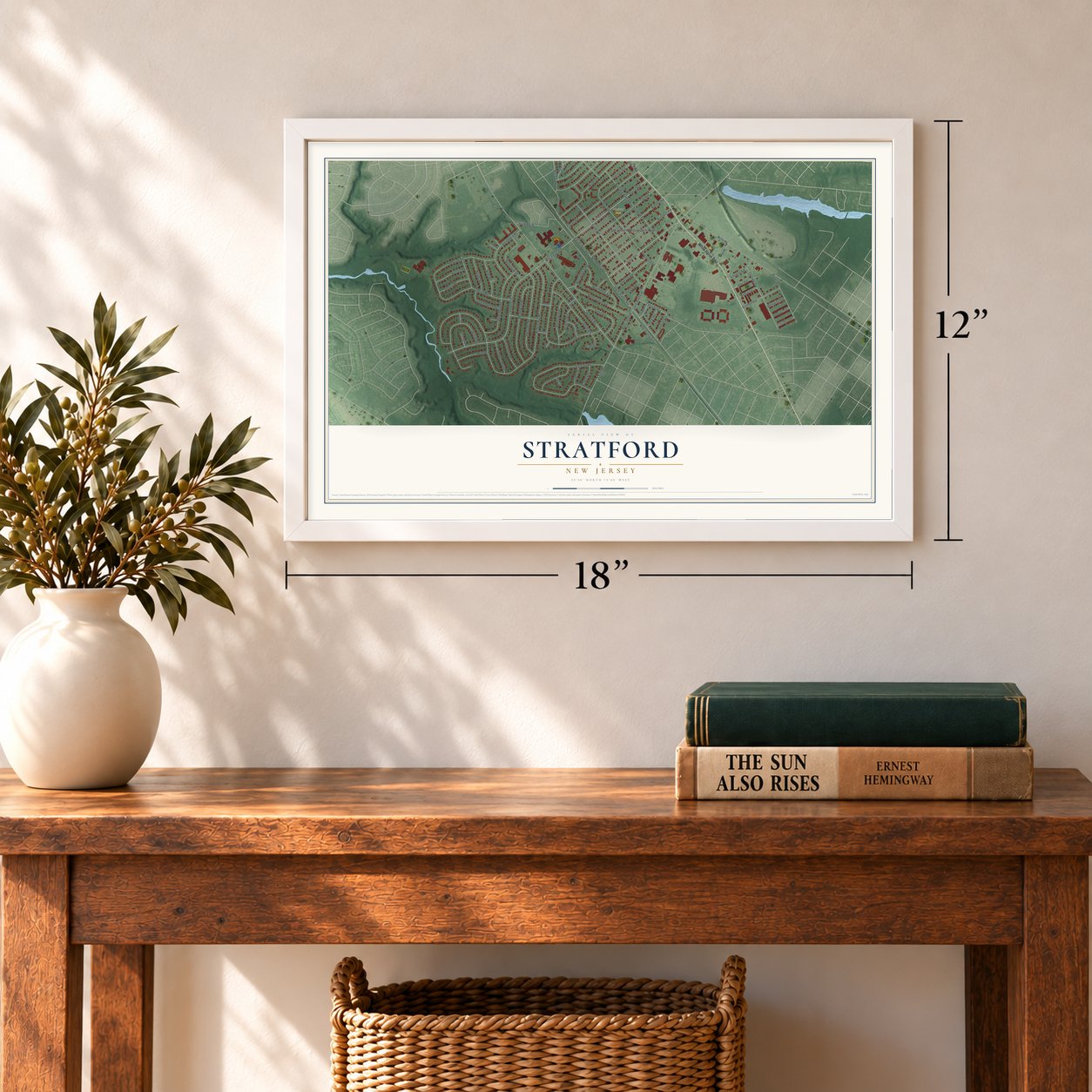 Stratford, New Jersey map, 12 x 18 inch print in a white frame in an entryway