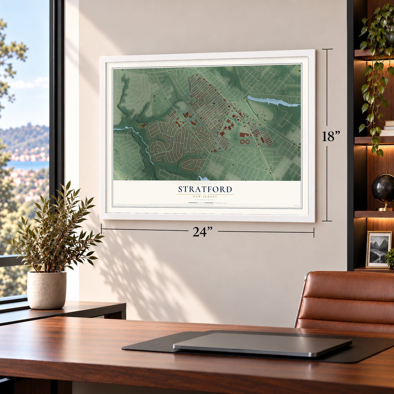 Stratford, New Jersey map, 18 x 24 inch print in a white frame in a home office