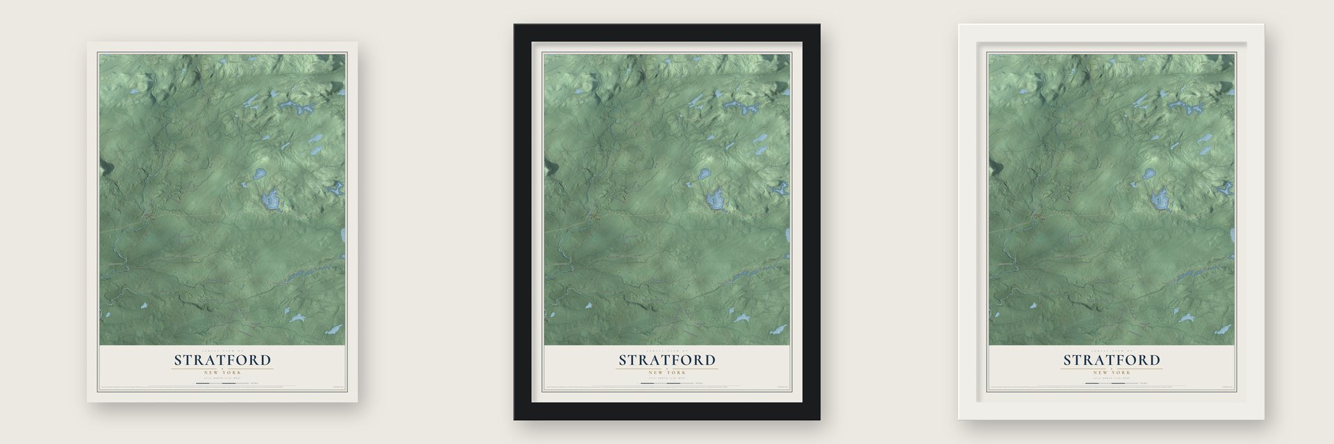 Stratford, New York map unframed, in a black wood frame and in a white wood frame