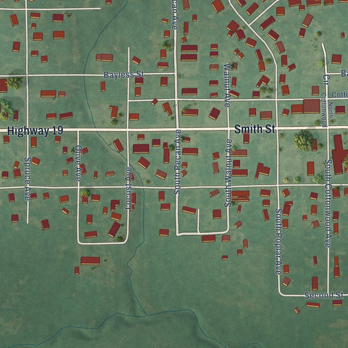 Second close-up of the map of Stratford, Oklahoma print showing more streets and buildings