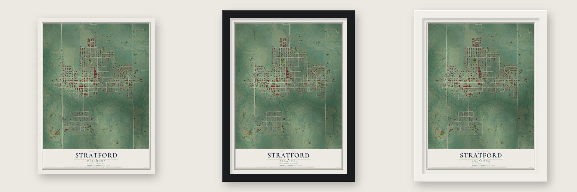 Stratford, Oklahoma map unframed, in a black wood frame and in a white wood frame
