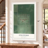 Stratford, South Dakota map, 24 x 36 inch print in a white frame by a staircase