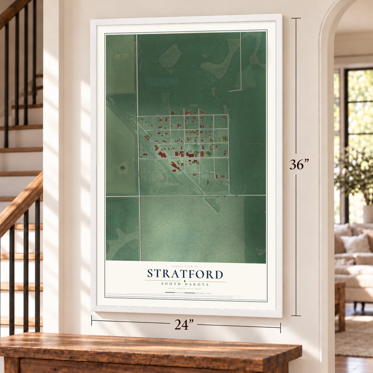 Stratford, South Dakota map, 24 x 36 inch print in a white frame by a staircase