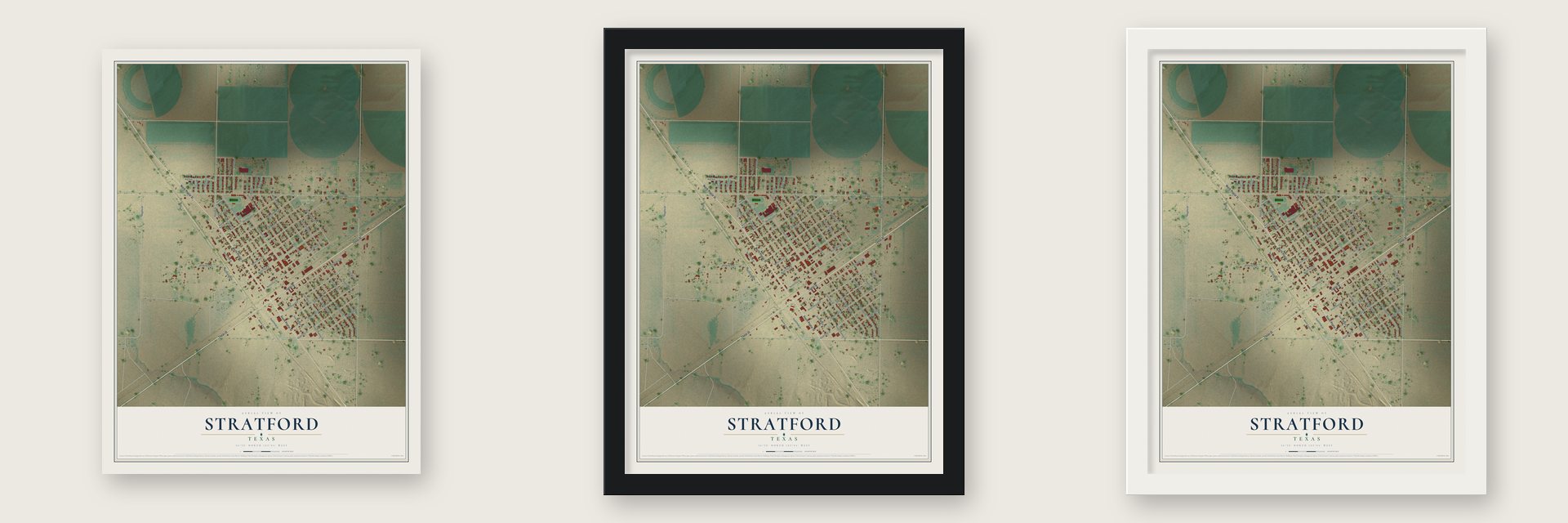 Stratford, Texas map unframed, in a black wood frame and in a white wood frame
