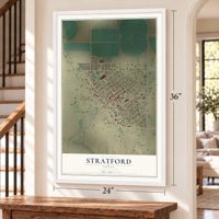 Stratford, Texas map, 24 x 36 inch print in a white frame by a staircase