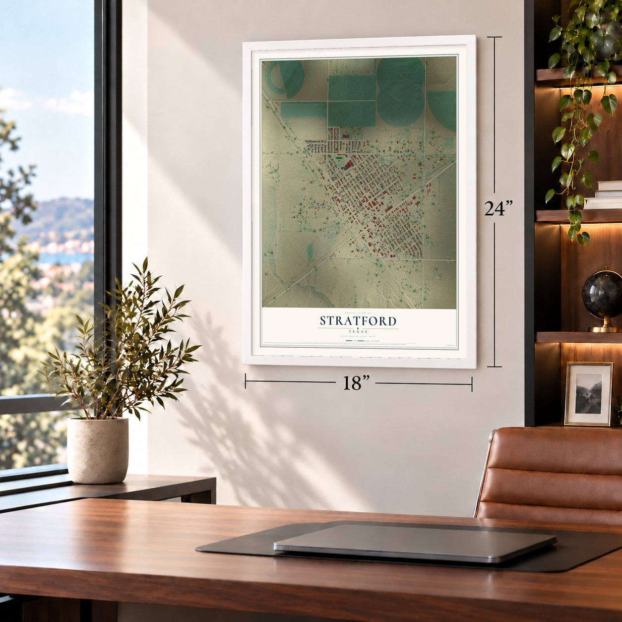 Stratford, Texas map, 18 x 24 inch print in a white frame in a home office