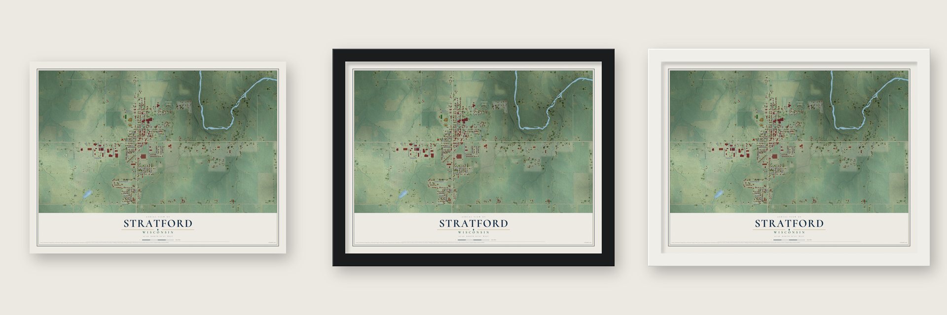 Stratford, Wisconsin map unframed, in a black wood frame and in a white wood frame