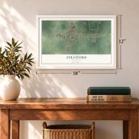Stratford, Wisconsin map, 12 x 18 inch print in a white frame in an entryway