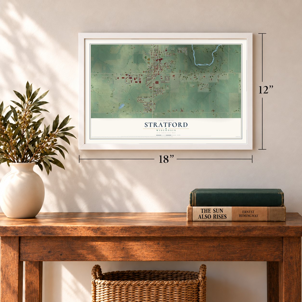 Stratford, Wisconsin map, 12 x 18 inch print in a white frame in an entryway