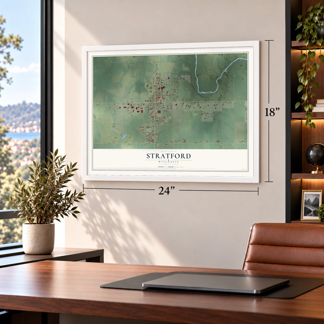 Stratford, Wisconsin map, 18 x 24 inch print in a white frame in a home office