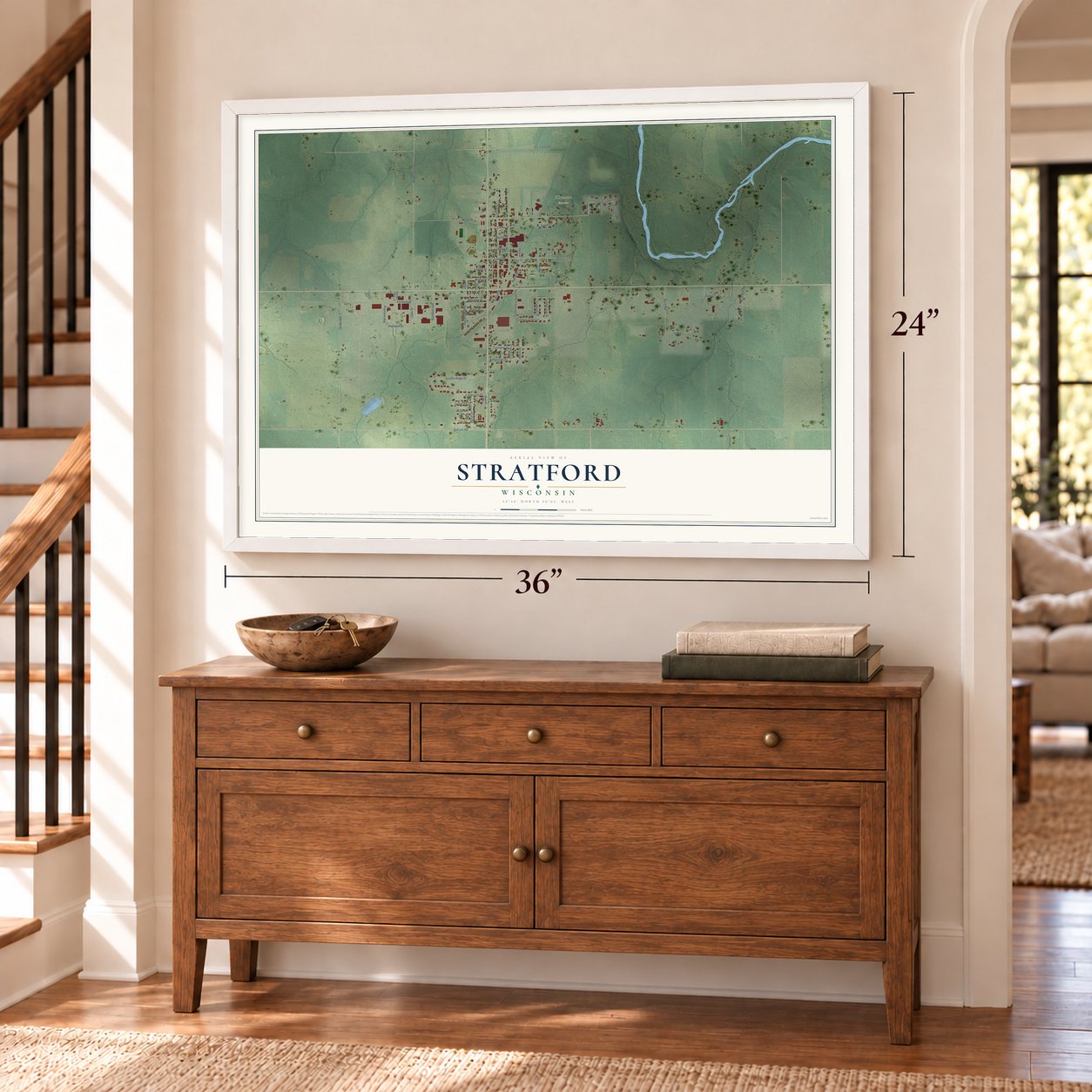 Stratford, Wisconsin map, 24 x 36 inch print in a white frame above a dresser by a staircase