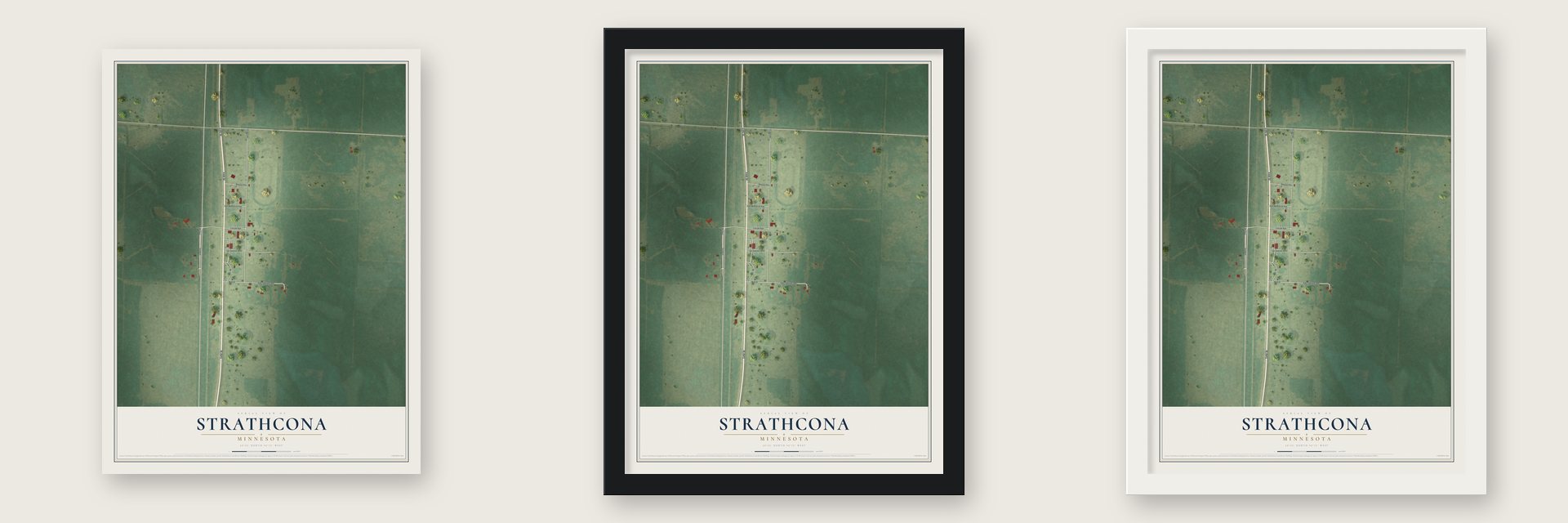 Strathcona, Minnesota map unframed, in a black wood frame and in a white wood frame