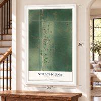 Strathcona, Minnesota map, 24 x 36 inch print in a white frame by a staircase