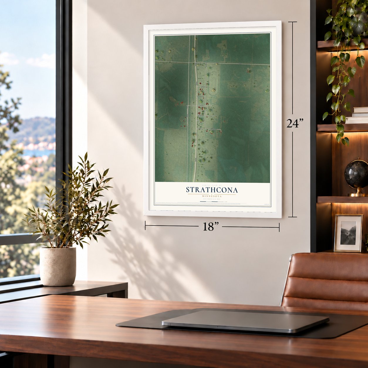 Strathcona, Minnesota map, 18 x 24 inch print in a white frame in a home office