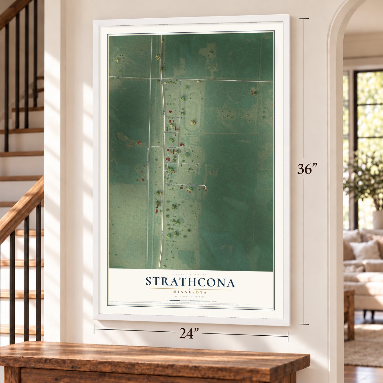 Strathcona, Minnesota map, 24 x 36 inch print in a white frame by a staircase