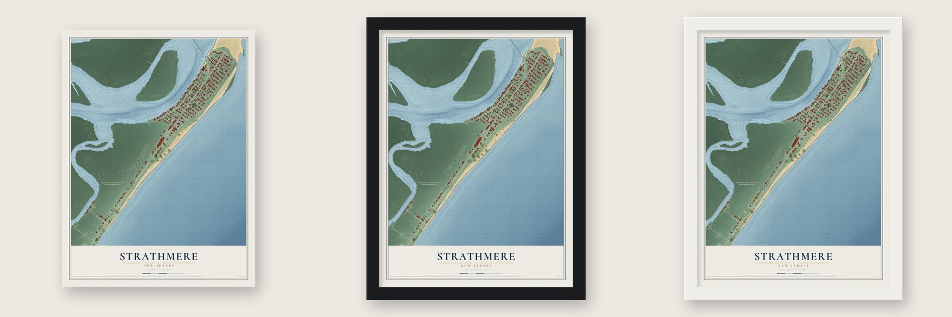 Strathmere, New Jersey map unframed, in a black wood frame and in a white wood frame