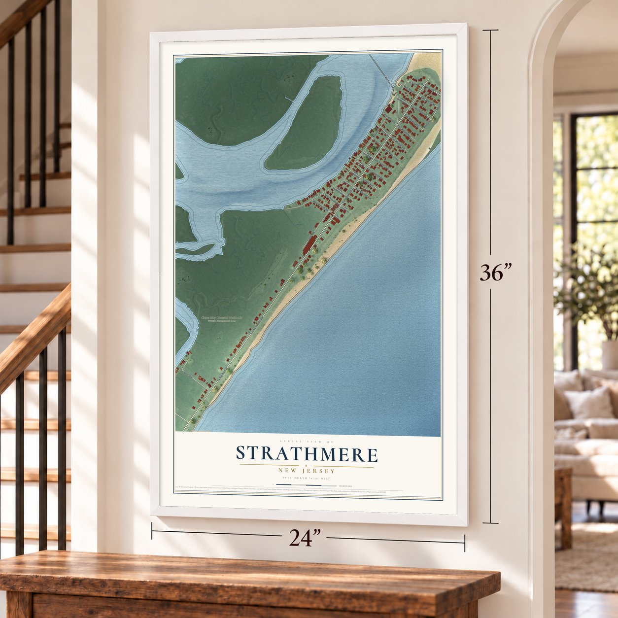 Strathmere, New Jersey map, 24 x 36 inch print in a white frame by a staircase