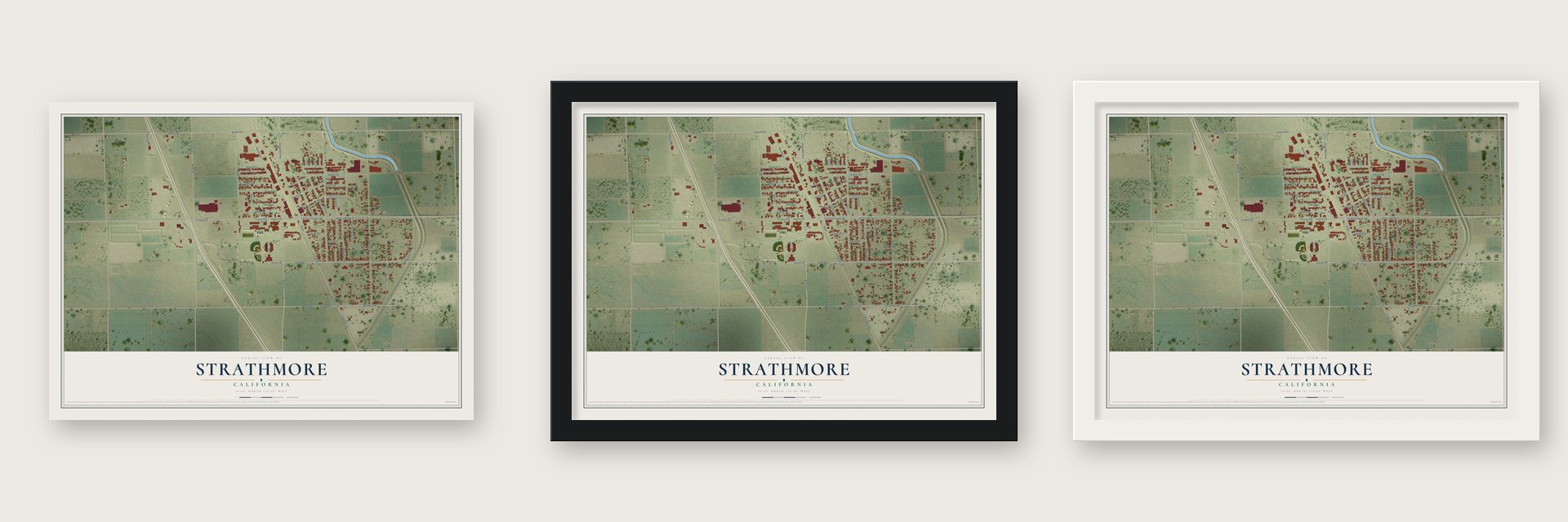 Strathmore, California map unframed, in a black wood frame and in a white wood frame