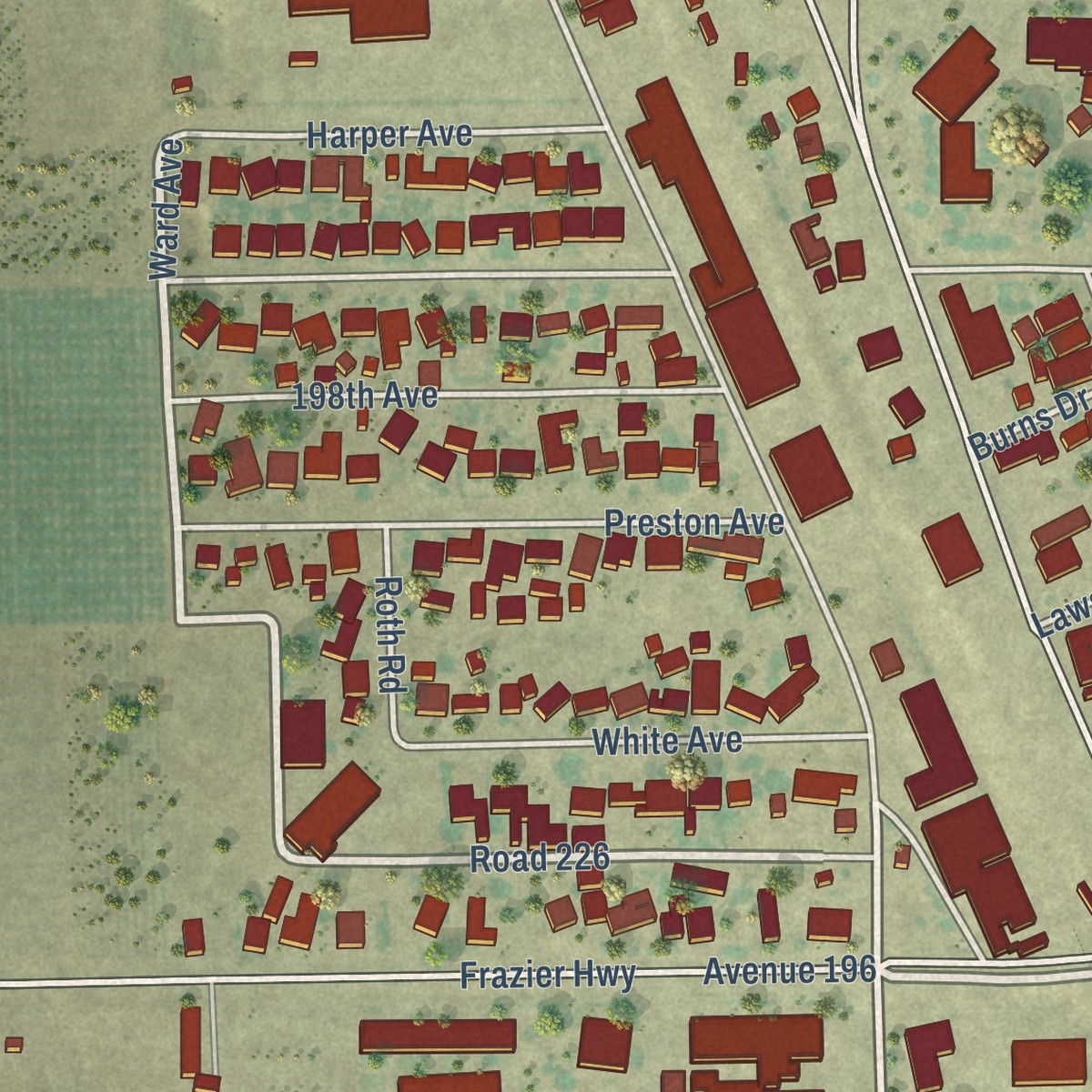 Second close-up of the map of Strathmore, California print showing more streets and buildings