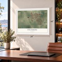 Strathmore, California map, 18 x 24 inch print in a white frame in a home office