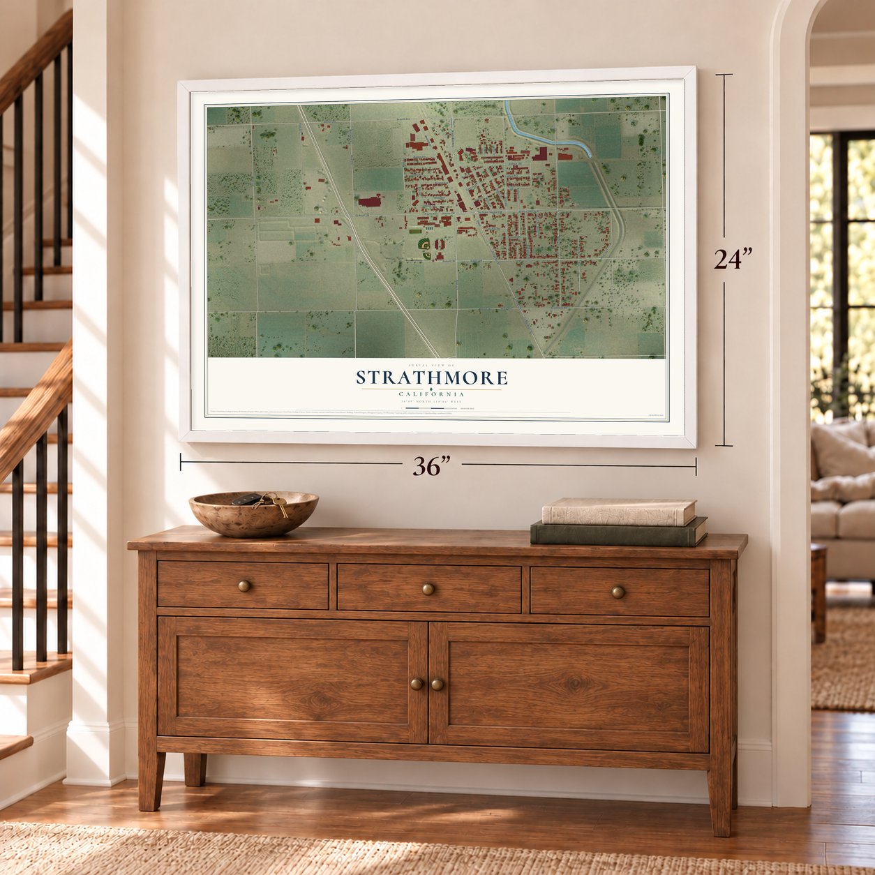 Strathmore, California map, 24 x 36 inch print in a white frame above a dresser by a staircase