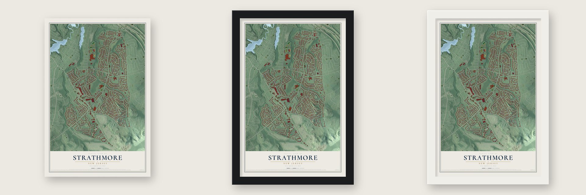 Strathmore, New Jersey map unframed, in a black wood frame and in a white wood frame