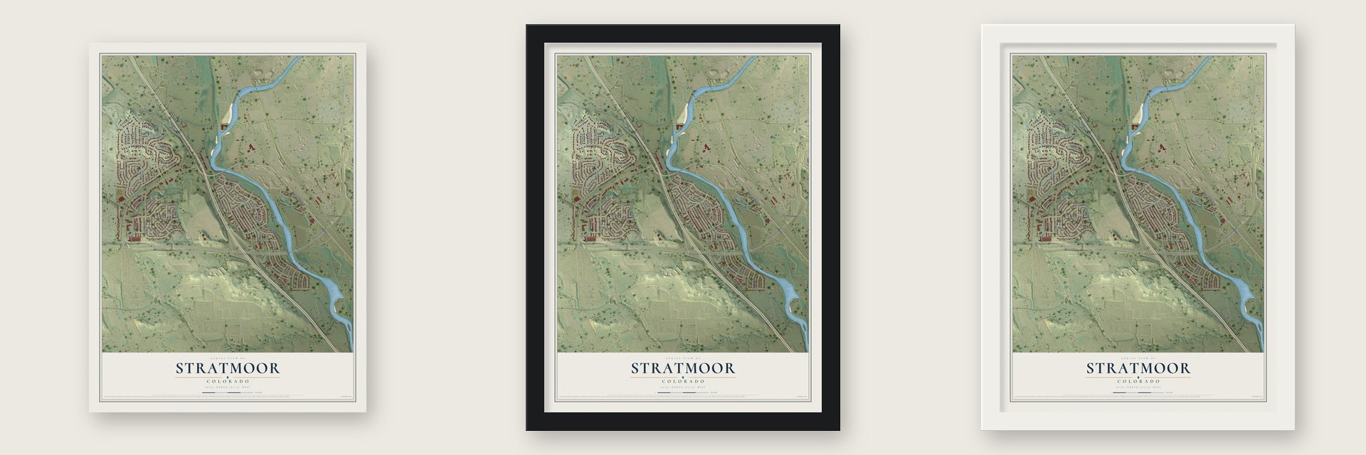 Stratmoor, Colorado map unframed, in a black wood frame and in a white wood frame