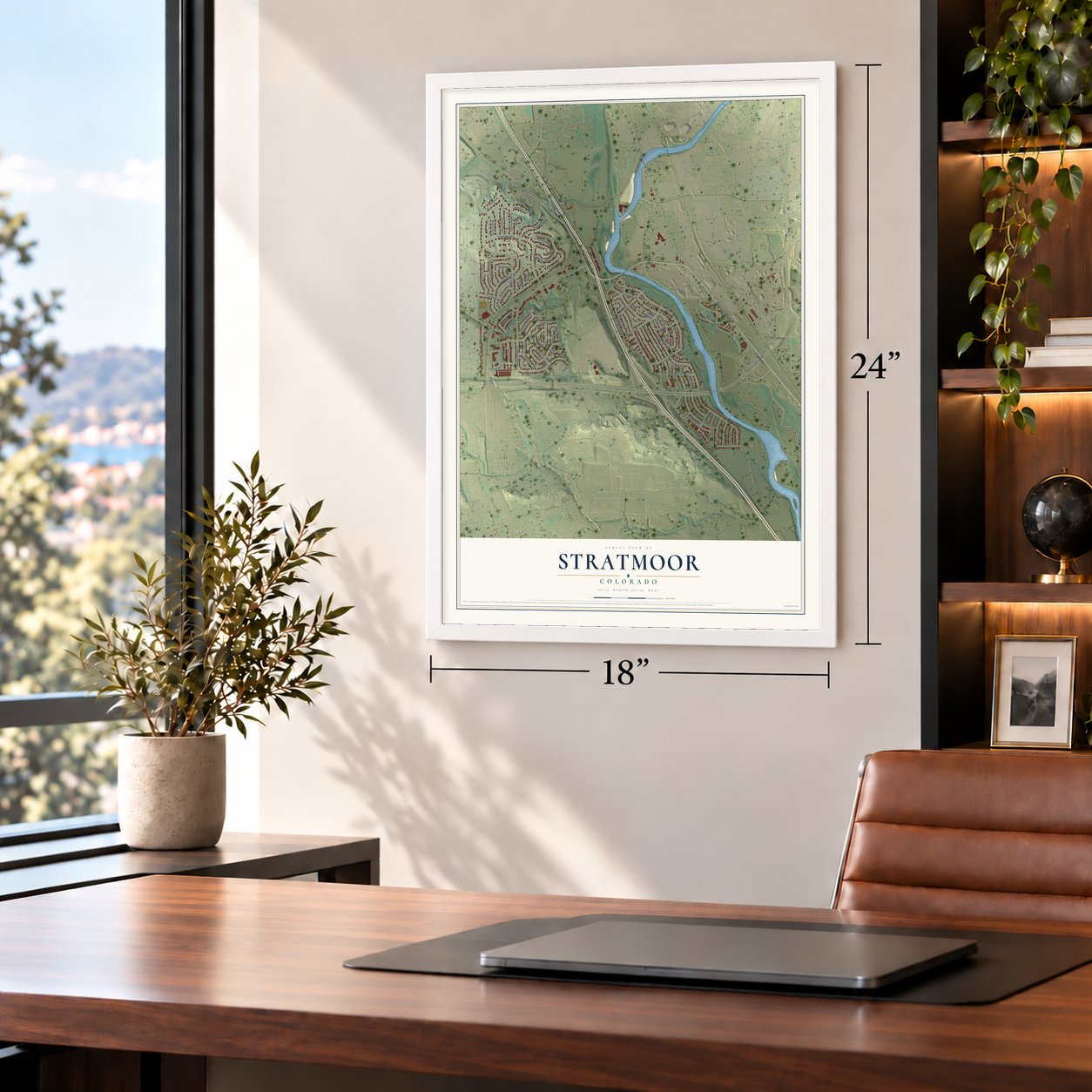 Stratmoor, Colorado map, 18 x 24 inch print in a white frame in a home office
