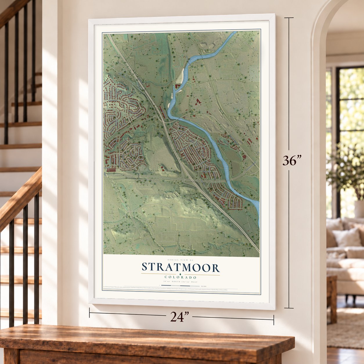 Stratmoor, Colorado map, 24 x 36 inch print in a white frame by a staircase