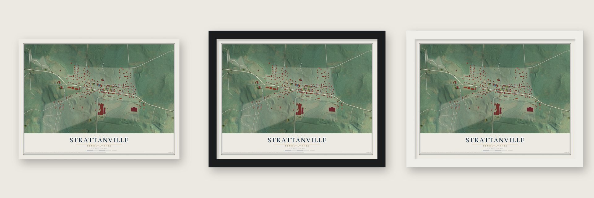 Strattanville, Pennsylvania map unframed, in a black wood frame and in a white wood frame