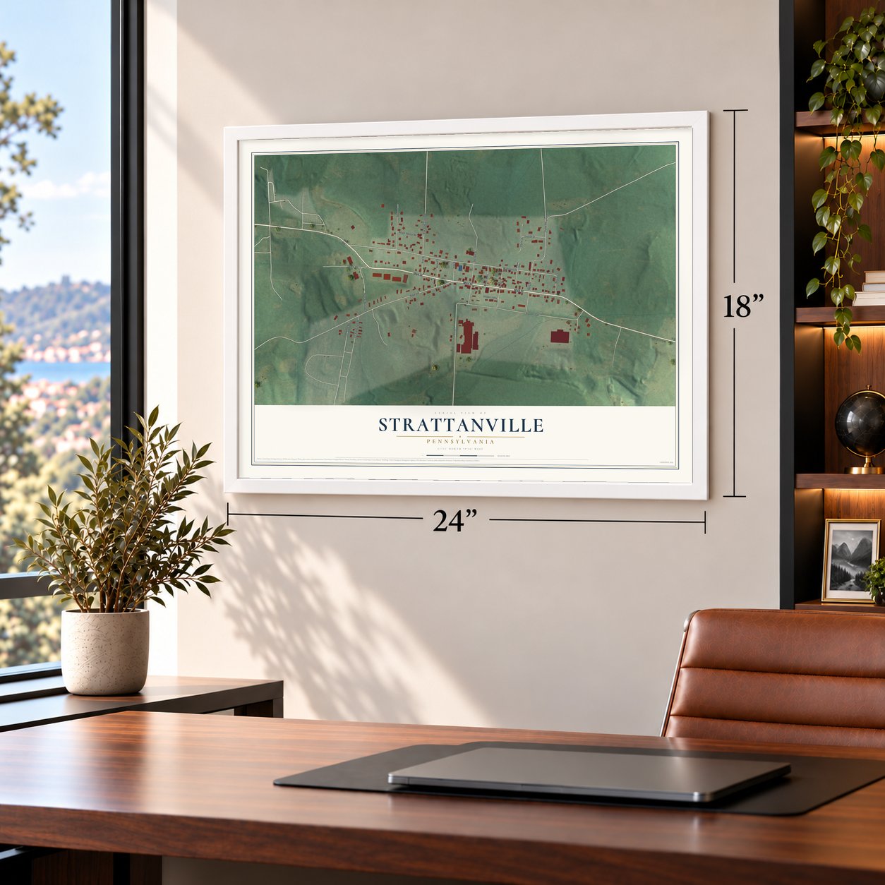 Strattanville, Pennsylvania map, 18 x 24 inch print in a white frame in a home office