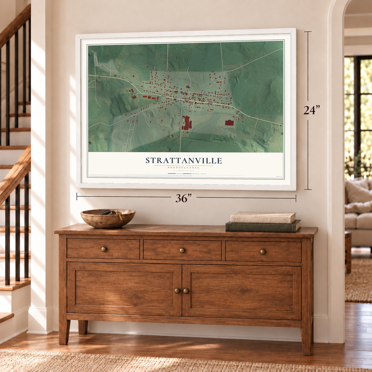 Strattanville, Pennsylvania map, 24 x 36 inch print in a white frame above a dresser by a staircase