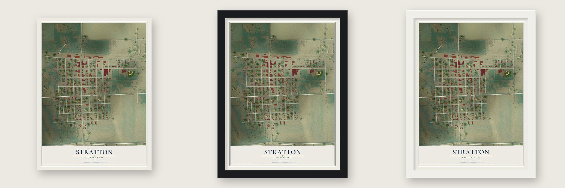Stratton, Colorado map unframed, in a black wood frame and in a white wood frame