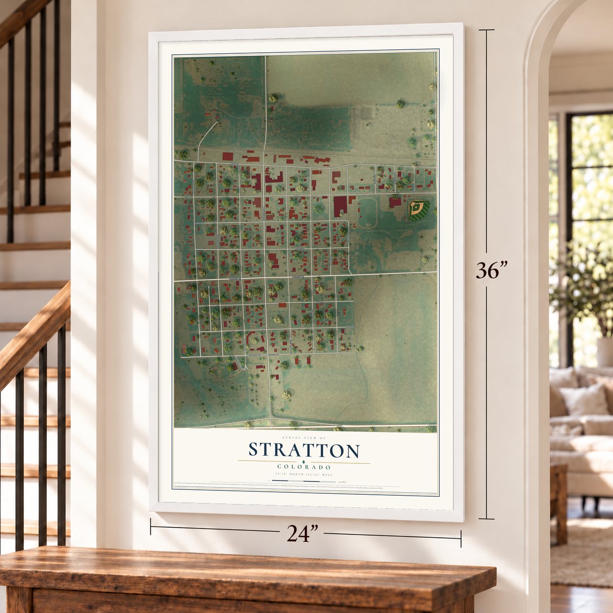 Stratton, Colorado map, 24 x 36 inch print in a white frame by a staircase