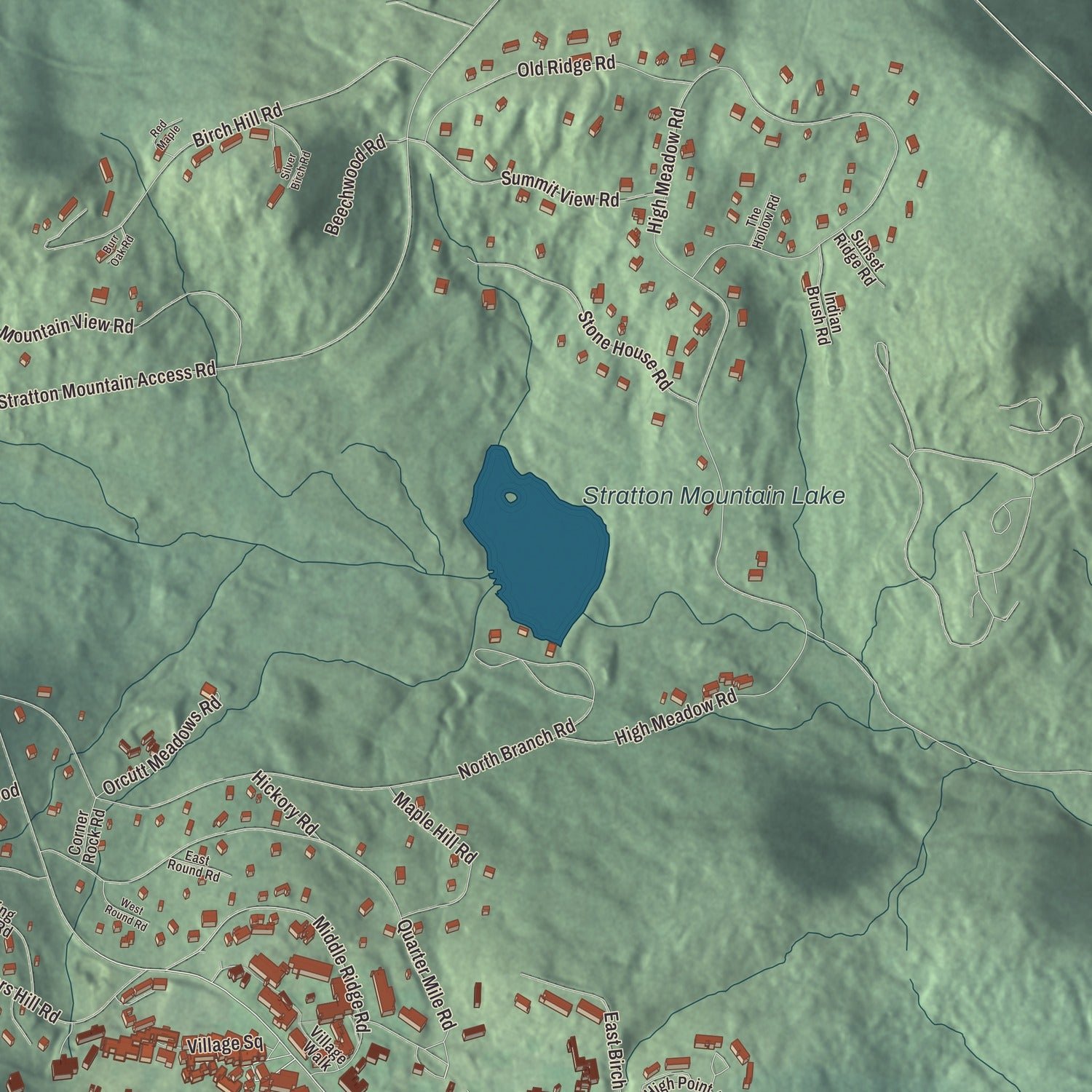Close-up of the map of Stratton Mountain, Vermont print showing terrain and local geography