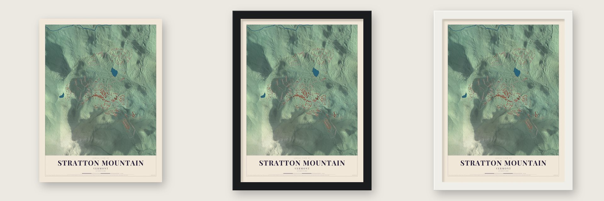 Stratton Mountain, Vermont map unframed, in a black wood frame and in a white wood frame