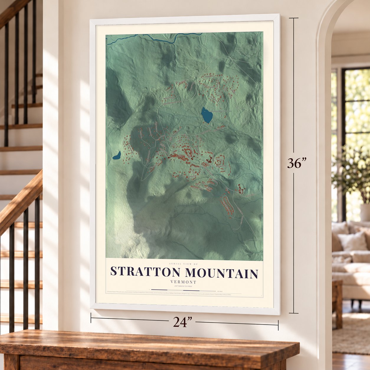 Stratton Mountain, Vermont map, 24 x 36 inch print in a white frame by a staircase