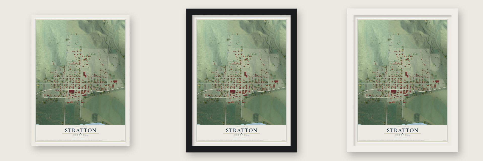 Stratton, Nebraska map unframed, in a black wood frame and in a white wood frame
