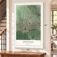 Stratton, Nebraska map, 24 x 36 inch print in a white frame by a staircase