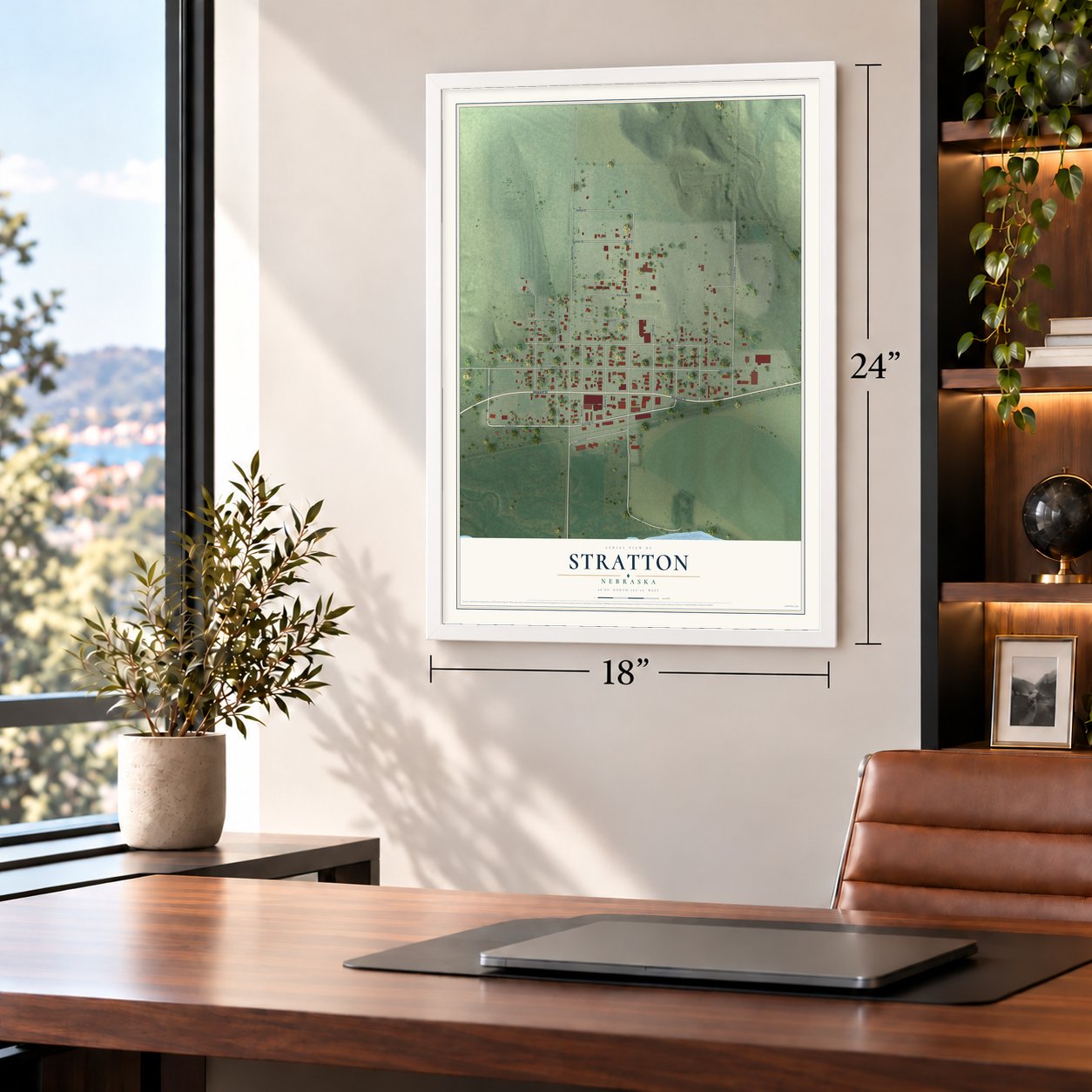 Stratton, Nebraska map, 18 x 24 inch print in a white frame in a home office