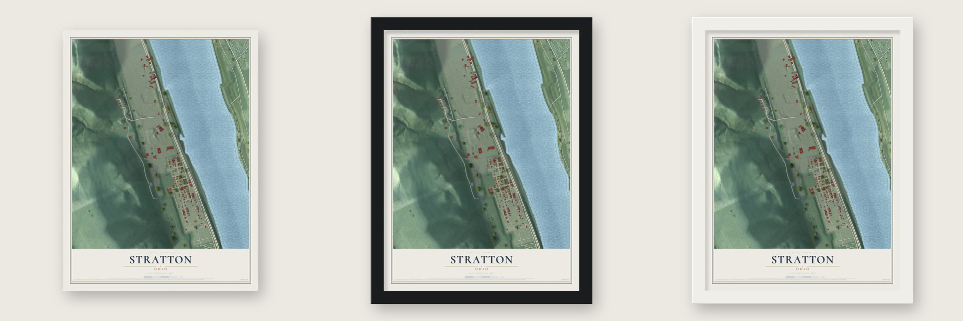 Stratton, Ohio map unframed, in a black wood frame and in a white wood frame