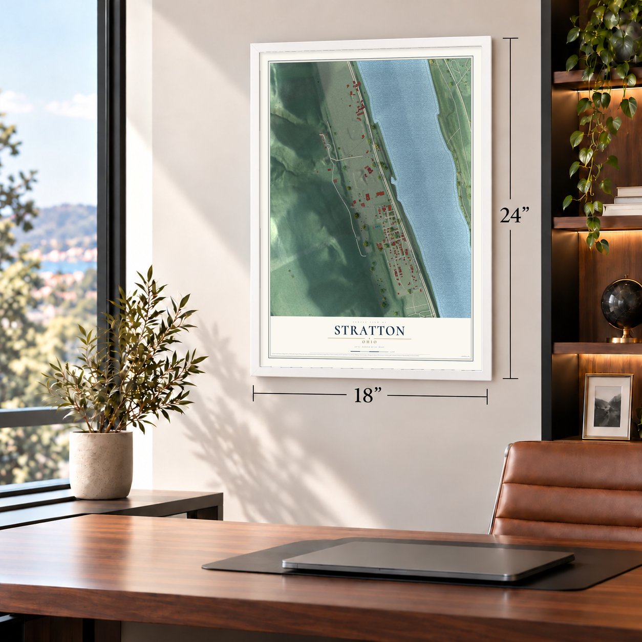 Stratton, Ohio map, 18 x 24 inch print in a white frame in a home office